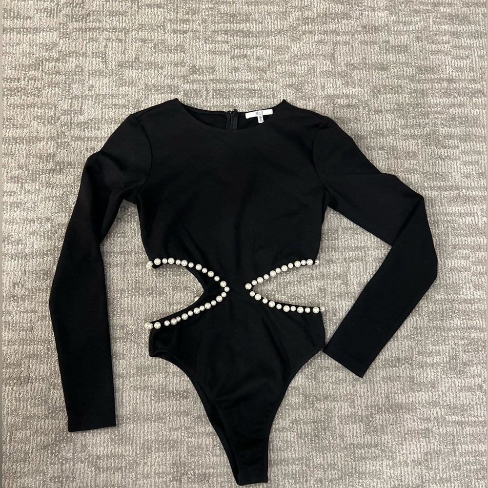 Black cutout bodysuit with pearls